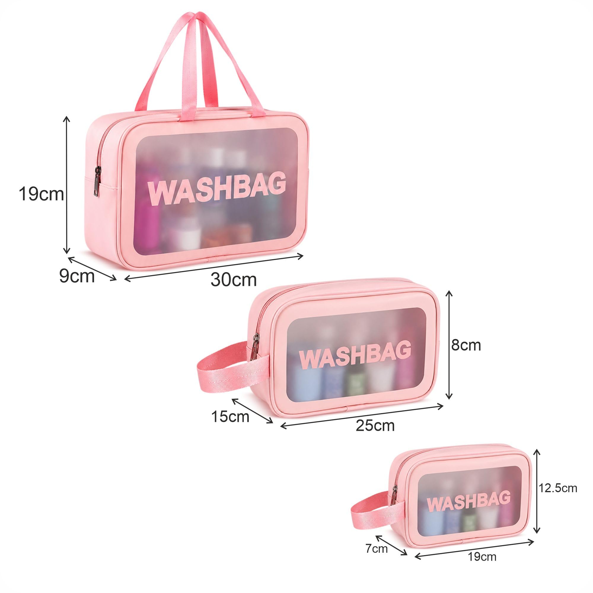 FLYNGO Set di trousse trasparenti per trucchi, organizer per cosmetici per donne e ragazze, kit da viaggio impermeabile per articoli da toeletta, Set di 3 LIght Rosa, Accessori da viaggio