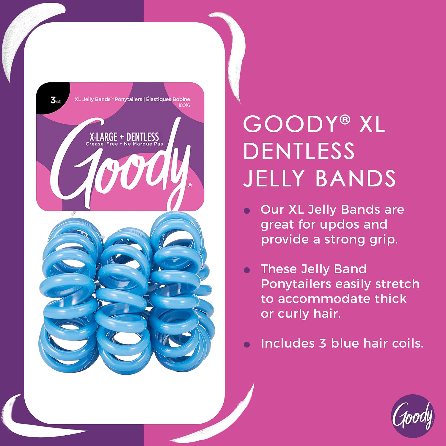 Goody Dentless Jelly Bands Elastic Thick Hair Coils - 3 Count, Blue - Medium Hair to Thick Hair - Hair Accessories for Women and Girls - Perfect for Long Lasting Braids, Ponytails and More : Everything Else