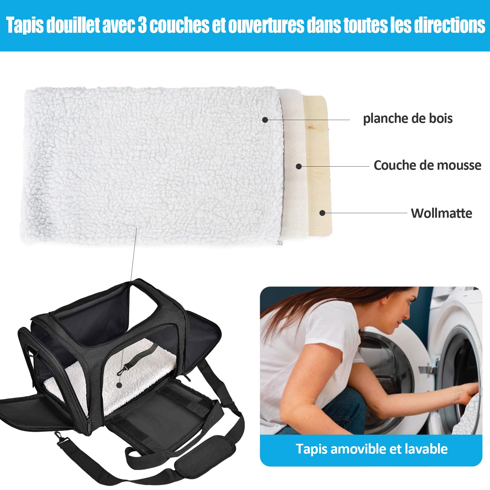 Sac de Transport Chat, avec Matelas Souple, Bandoulière Réglable, Design Pliable et Portable, Tissu en Maille pour la Ventilation, pour Chats et Chiots (Noir, L43 ×I 28 ×H 28 cm)