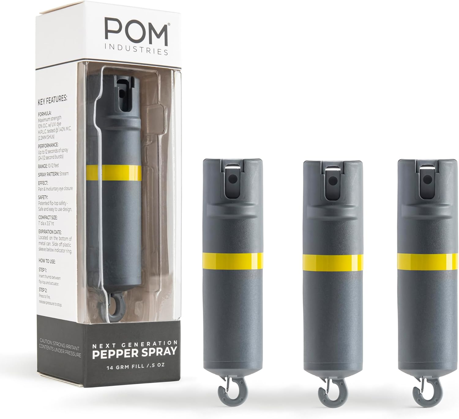 POM Pepper Spray Flip Top Snap Hook - Maximum Strength OC Spray Self Defense - Tactical Compact & Safe Design - Quick Key Release - 25 Bursts & 10 ft Range - (Group)