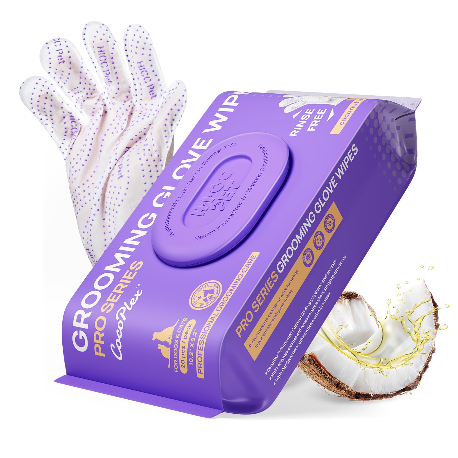 HICC PET Glove Wipes Pro – Pet Cleaning Gloves for Dogs & Cats – Infused with Coconut Oil & Plant Extracts – Hypoallergenic, Gentle, Spa-Like Care at Home