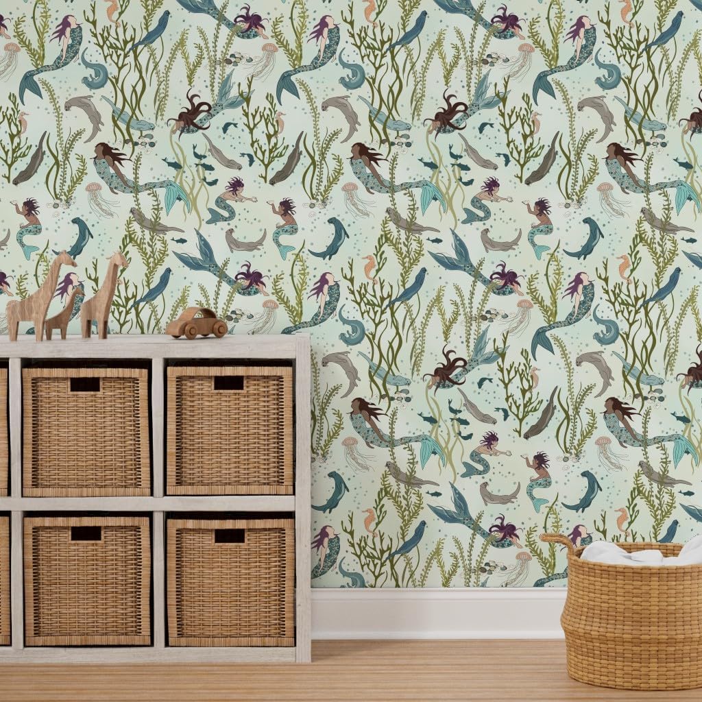 Peel & Stick Wallpaper 3ft x 2ft - Mermaids Otters Mermaid Undersea Ocean Swimming Life Whimsical Sea Mythical Fairy Custom Removable Wallpaper by Spoonflower