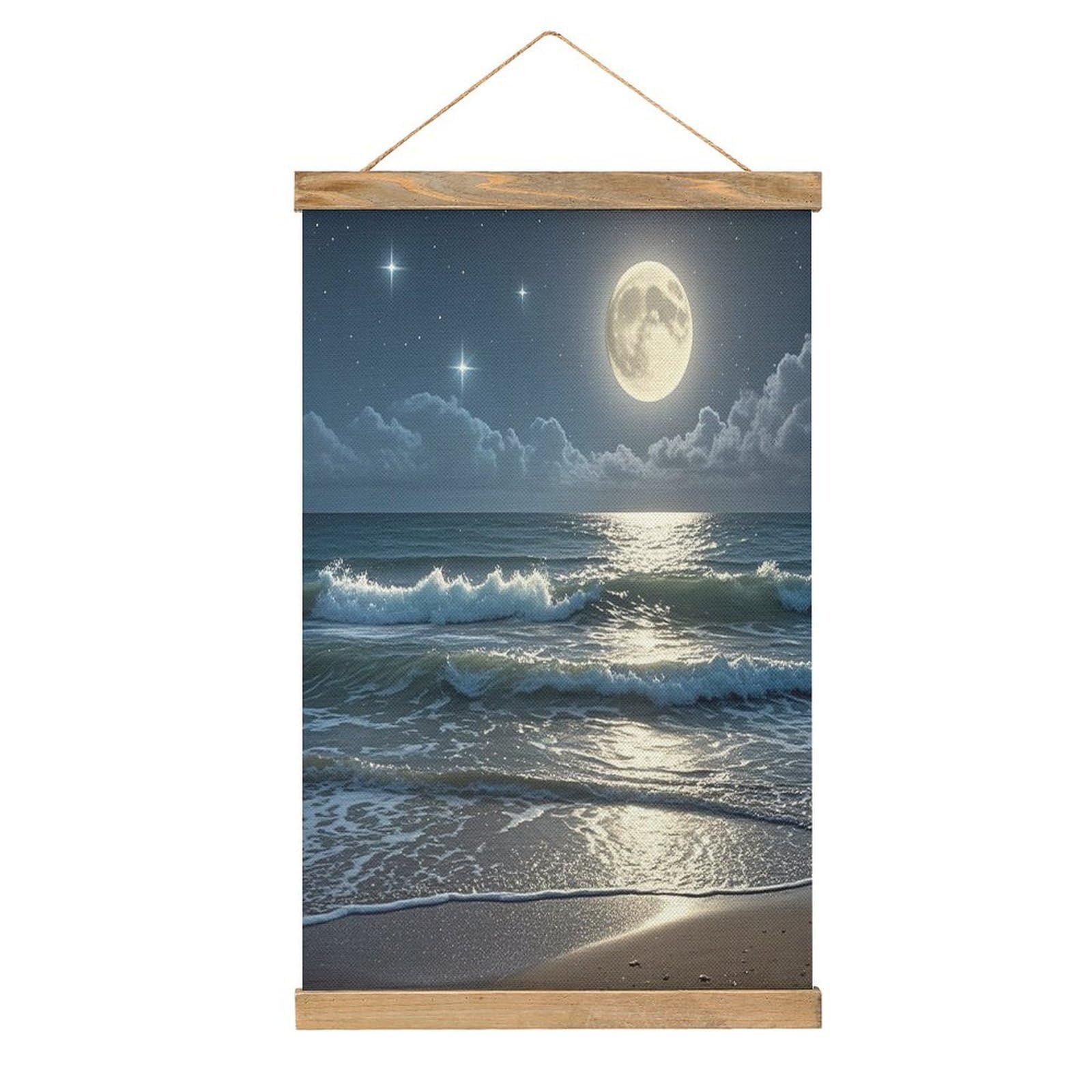 VstaDank Night Ocean Hanging Poster with Wooden Frame Modern Linen Hanging Painting Retro Style Wall Decor Art Painting for Living Room,Bedroom Decor Poster Frame 20.4x13.1inch