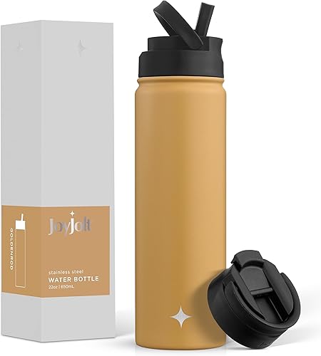 JoyJolt Botella de agua con triple aislamiento con tapa de popote y tapa abatible. Botella de agua de 22 onzas, botella de agua de acero inoxidable