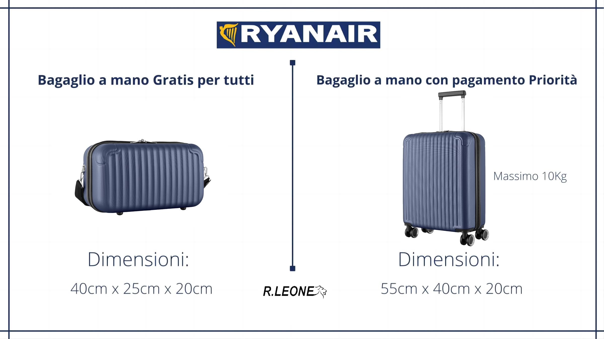 R.Leone Valigia Ryanair 55x40x20 cm + 40x20x25 cm Set 2 Pezzi Trolley Bagaglio a mano 4 Ruote e Beauty Case in ABS 999 (Lilla, Valigia 55x40x20 cm + Borsa 40x20x25 cm)