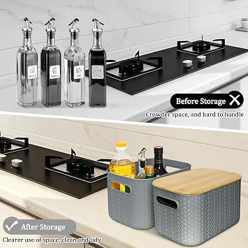 4 Pcs Plastic Grey Storage Baskets with Bamboo Lid for Bathroom