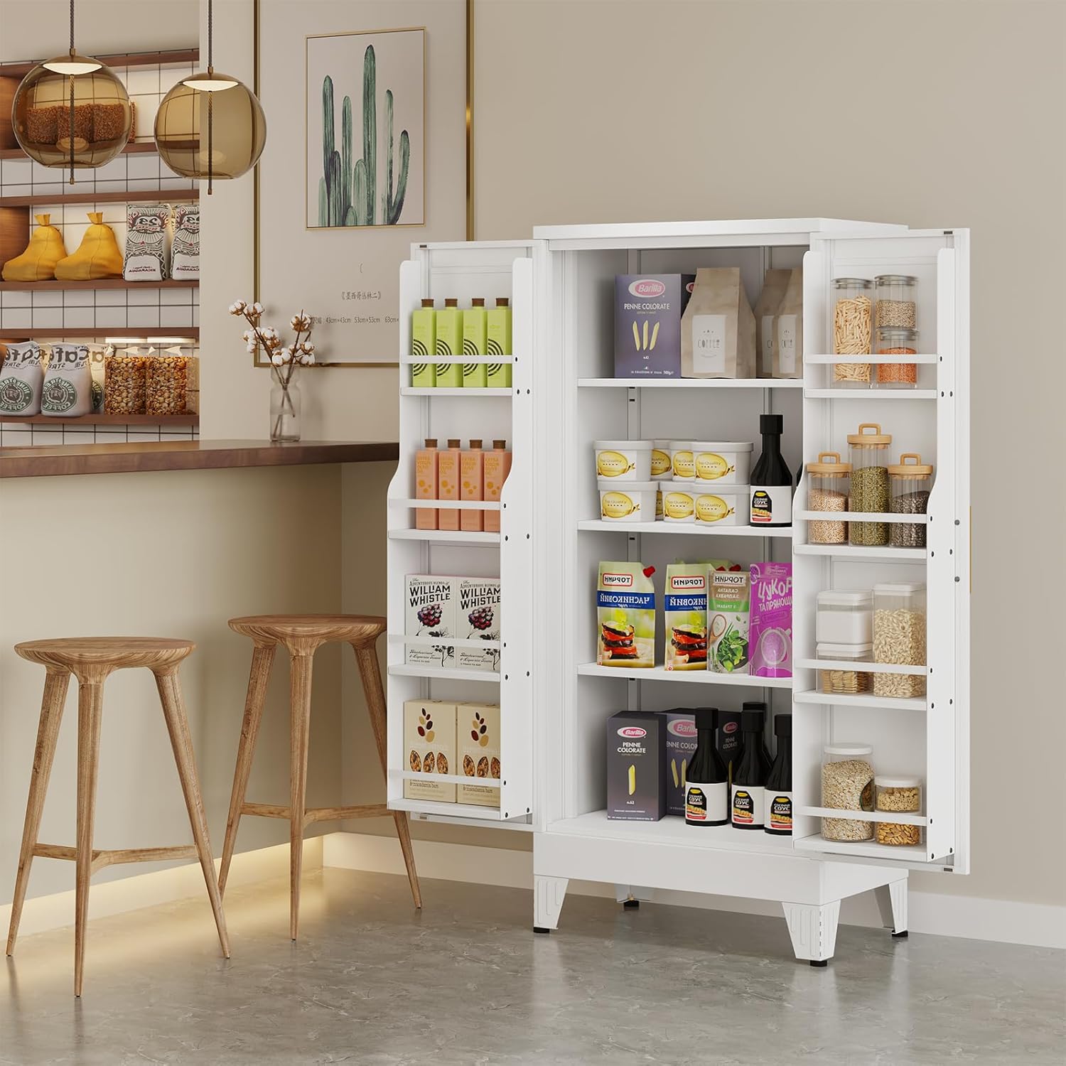 51" Tall Kitchen Pantry Cabinet, Metal Freestanding Cupboard Storage Cabinet with 2 Doors, 3 Adjustable Shelves, 8-Tier Door Shelves for Kitchen, Dining Room, Living Room (White)