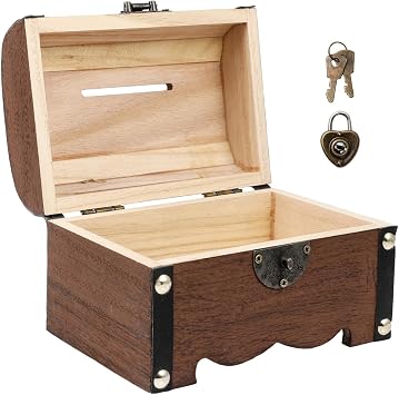 Vintage Wooden Treasure Box with Lock and Key 5.70X3.93X3.93In Small Piggy Bank Organizer for Coins Jewelry Home Decor Gift