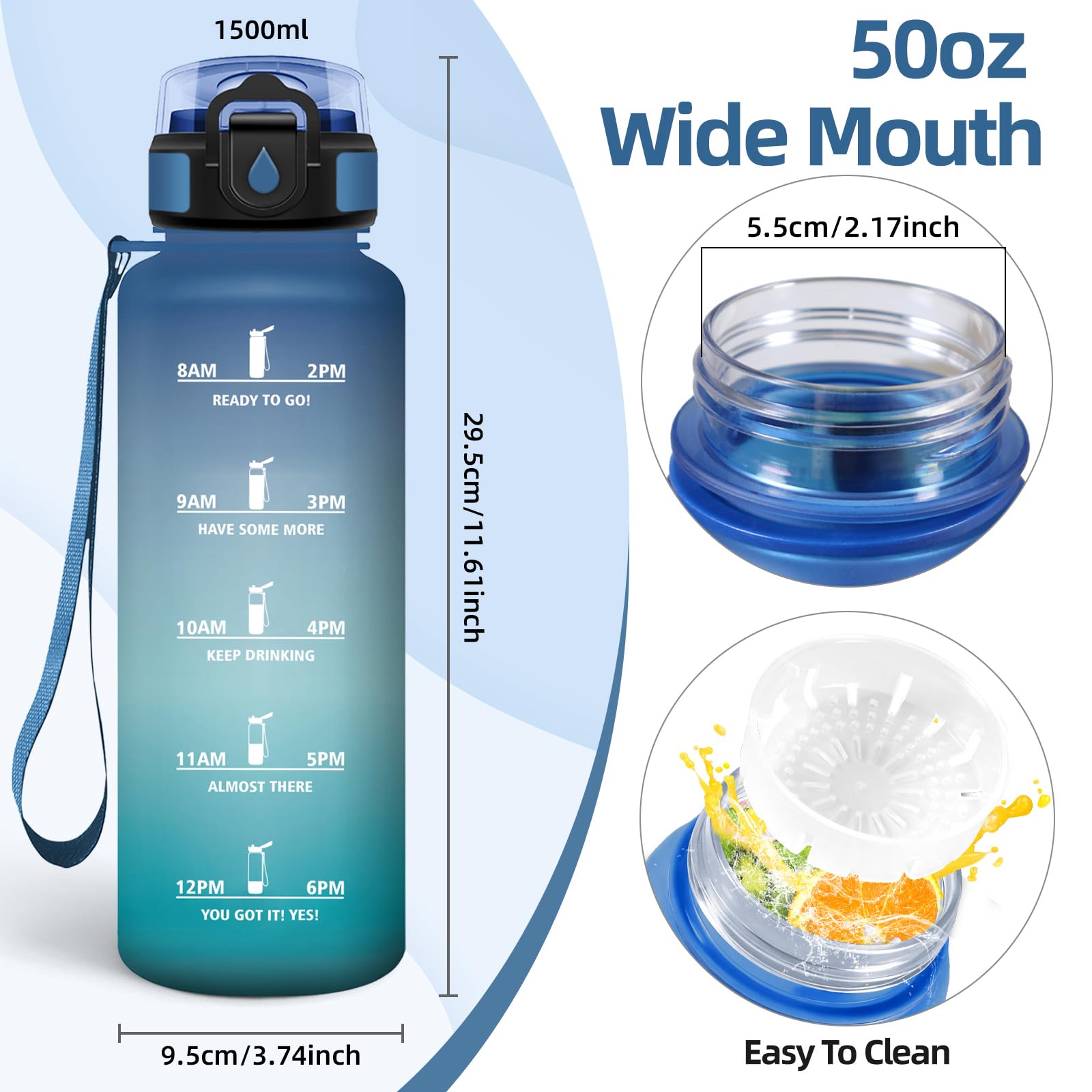 Baramumu Borraccia 1,5 litri, Borraccia Palestra, a Prova di Perdite, Bottiglia acqua, Facile da Aprire, Borracce, per Fitness, Yoga, Ufficio, Palestra, Trekking, Blu&Verde