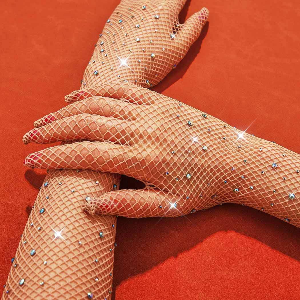 GORTIN Rhinestone Fishnet Long Gloves - Glitter Mesh Elbow Length Rave Gloves for Halloween, Opera Costume