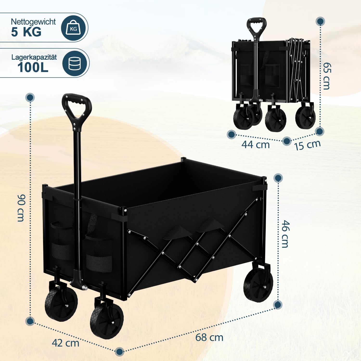 Favoyard Faltwagen Klappbar 100L & 150kg Tragkraft All-Terrain Bollerwagen mit Bremse & Rollen für Camping, Einkauf, Garten & Sport, Kompakt Faltbarer Transportwagen aus Stahlrahmen