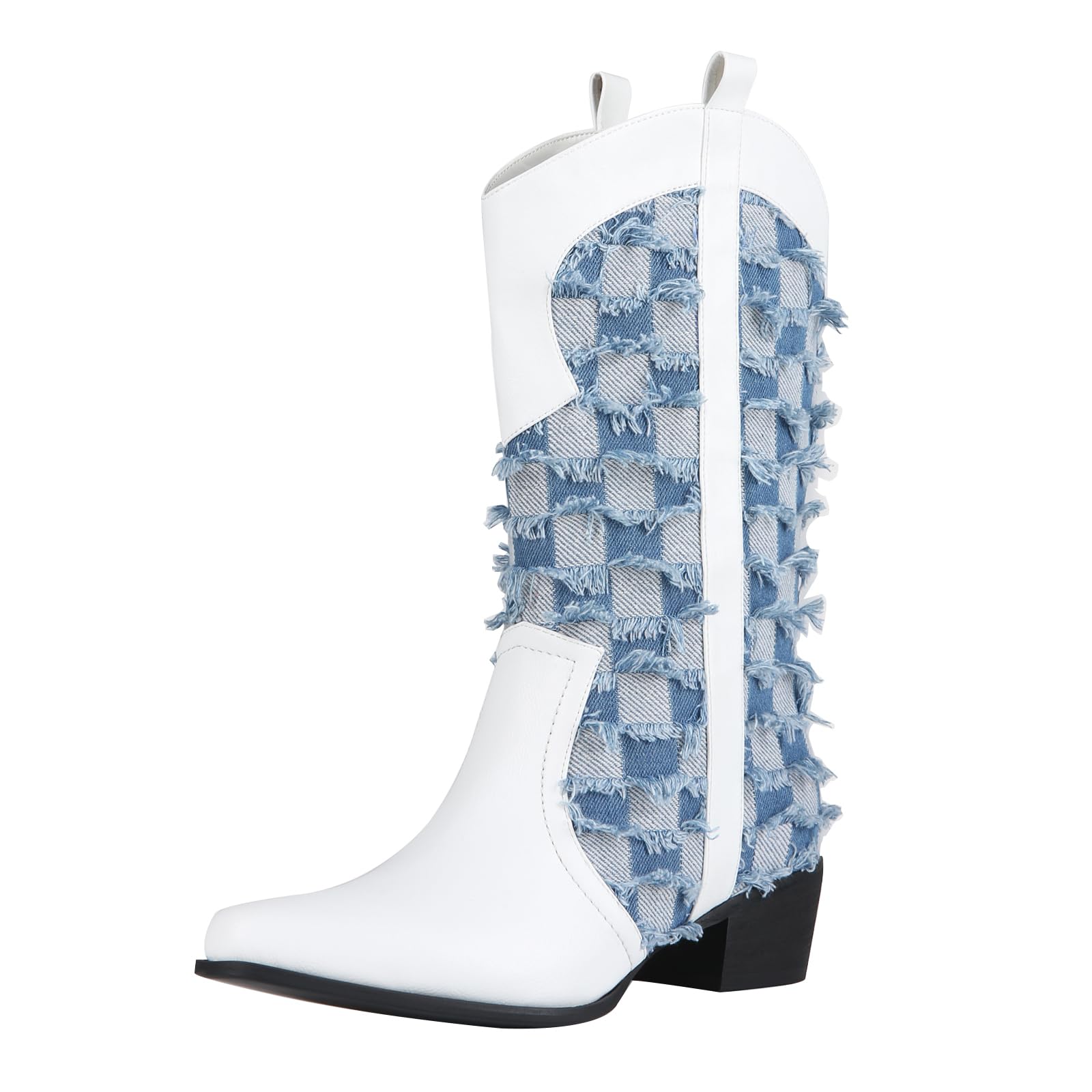 Women Square Toe Cowboy High Mid-Calf Western Boots Cowgirl Dresses Concert Country Shoes