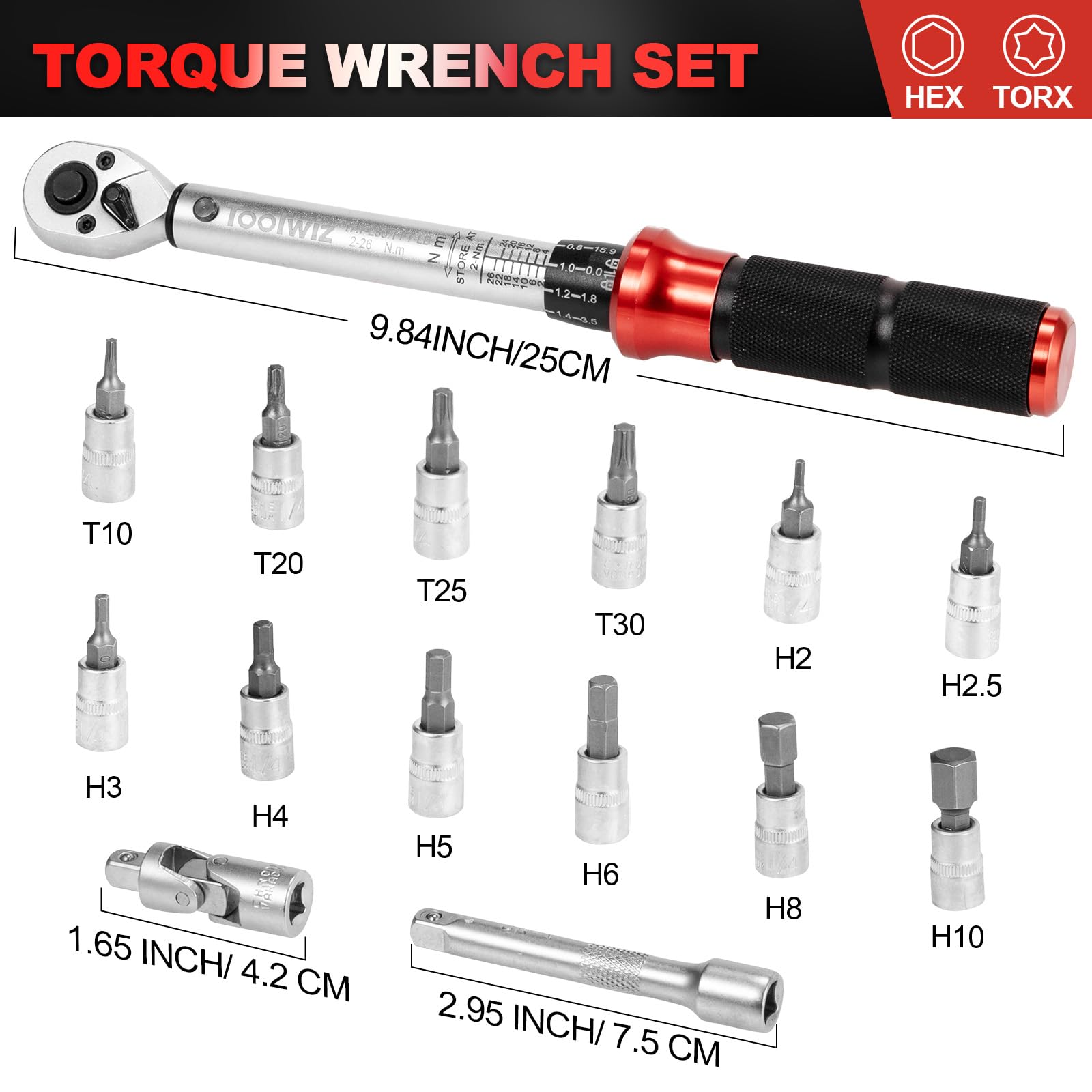 Toolwiz Clé Dynamométrique 1/4", 2-26 Nm pour Vélo, Précision ±3%, 15 Pièces Cle Dynamometrique Kit D'entretien Vélos Route Montagne avec Barre D'extension, Douilles Hex et Star Bit
