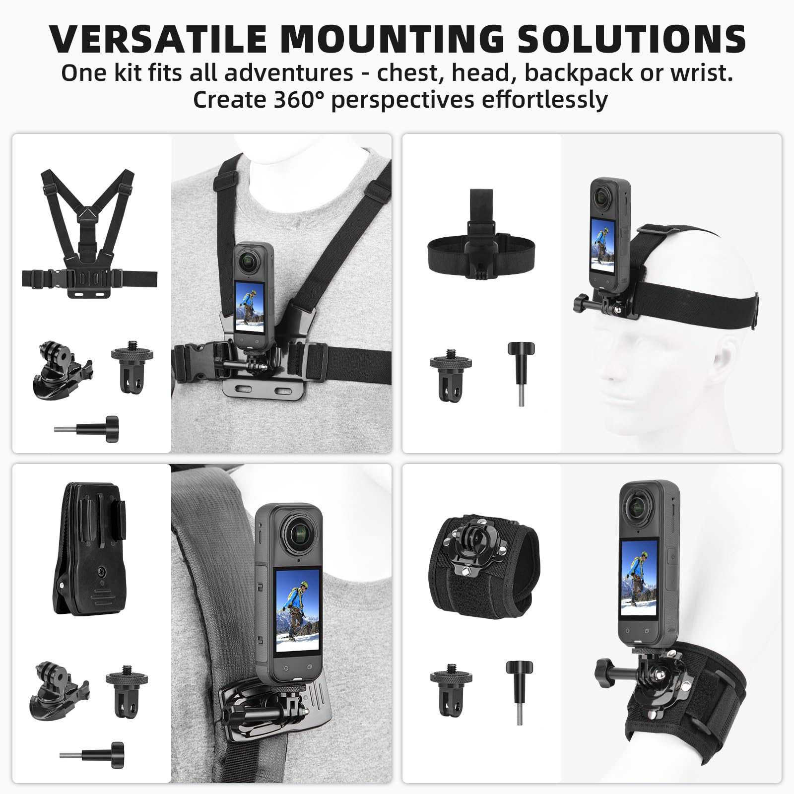 BRDRC Kit di accessori per Insta 360 X5 X4, cinghia per il petto, imbracatura per zaino, supporto da polso, adattatore rotante a 360° + rilascio rapido per Insta360 One X5 X4 X3 X2 X