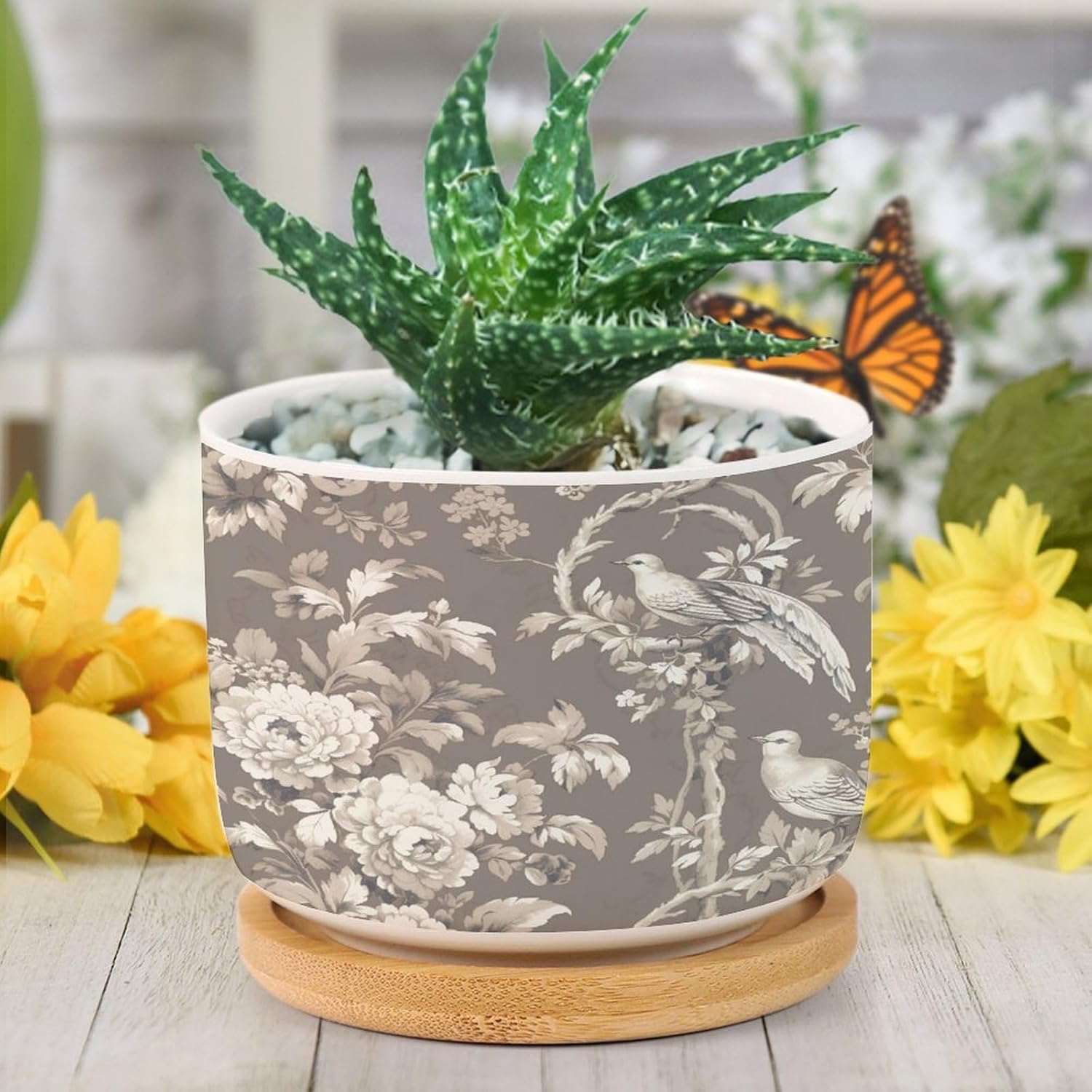 Tan French Country Toile Floral Planter Ceramic Grey White Bird Round Plant Pots with Drainage Holes and Bamboo Tray Pot for Home Office Desk Garden
