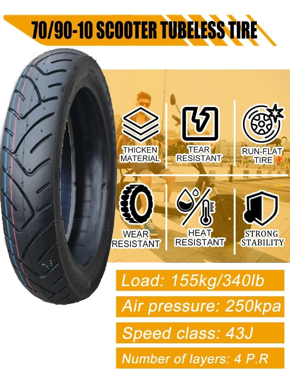 70/90-10 Pneu Tubeless pour Scooter, Pneumatique de Remplacement Route pour Roue Avant Arrière, 4 TR 43J 250 kPa Charge Max 340 LBS