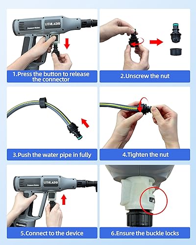 Miniatura 8 de Lavadora a presión inalámbrica de 1080 PSI con 2 baterías de 3.0 Ah, lavadora eléctrica portátil con boquilla 6 en 1, cañón de espuma, manguera,