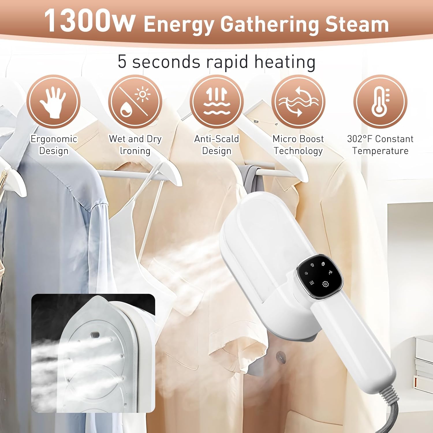 Travel Steamer for Clothes， 4-Speed Steam Adjustable Handheld Iron with LCD Display Screen, 5S Rapid Preheating 1300W Clothes Hanging Ironing Machine, Suitable for Home, Dormitory & Travel (White)