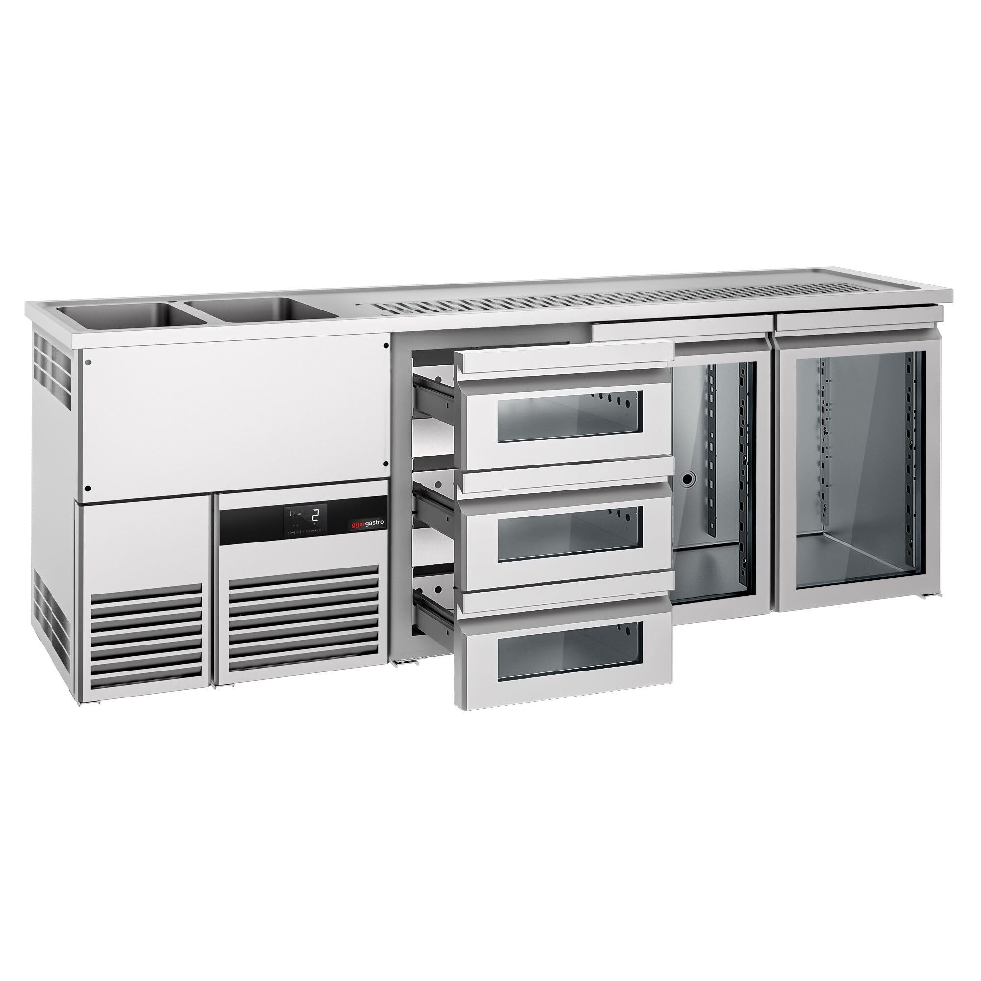 GGM Gastro | BLF257D#SG13#2#GT | Biertheke PREMIUM - 2500x700mm - 2 Glastüren & 3 Glasschubladen