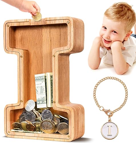 SummiDate Alcancía de madera con letras de madera Alcancía para niños y niñas Alfabeto I Banco de dinero Banco de monedas, regalo de cumpleaños
