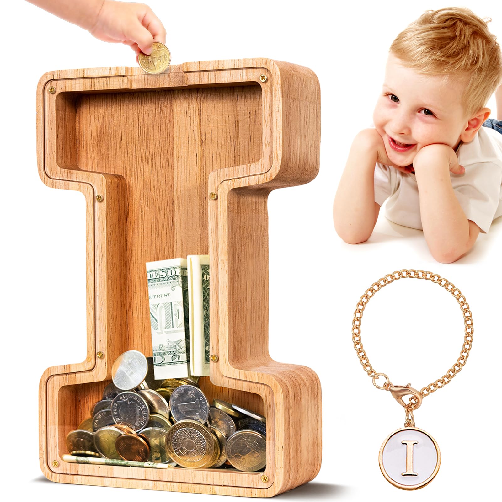 Summidate Spardose für Kinder Junge, Personalisiert Holz Großes Sparschwein, Unzerbrechliches Buchstabe A-Z Sparbüchse für Kinder Mädchen, Erwachsene, Geschenk&Dekoration