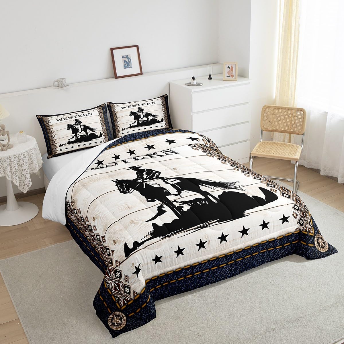 West Cowboy Comforter Set Queen Size,Western Star Pattern Bedding Sets 3Pcs for Kids Girls Boys Women Room Decor,Aztec Tribal Stripe Quilted Duvet Rustic Farmhouse Down Comforter,2 Pillowcases