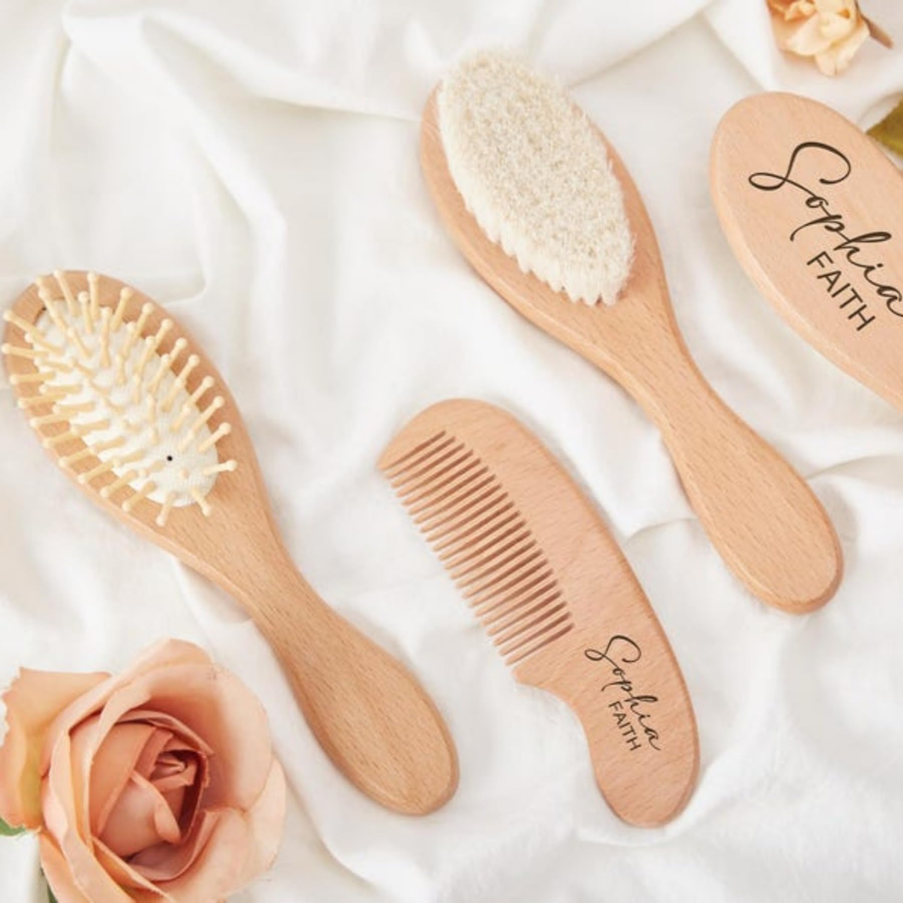 Personalized Baby Brush and Comb Set for Newborn Wooden Baby Brush Personalized Baby Gifts for Girls Boys Birth Flower Baby Hair Brush Set