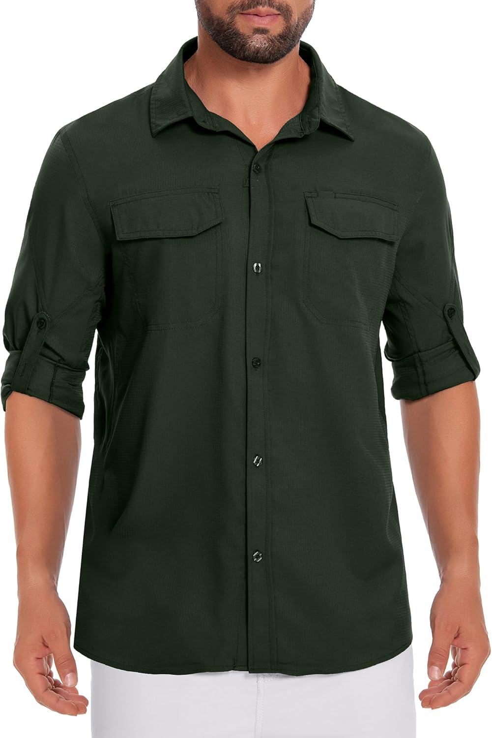 Men's UPF 50+ Fishing Shirts Long Sleeve Sun Protection Hiking Shirt Button Down Workout Shirts with Zipper Pockets