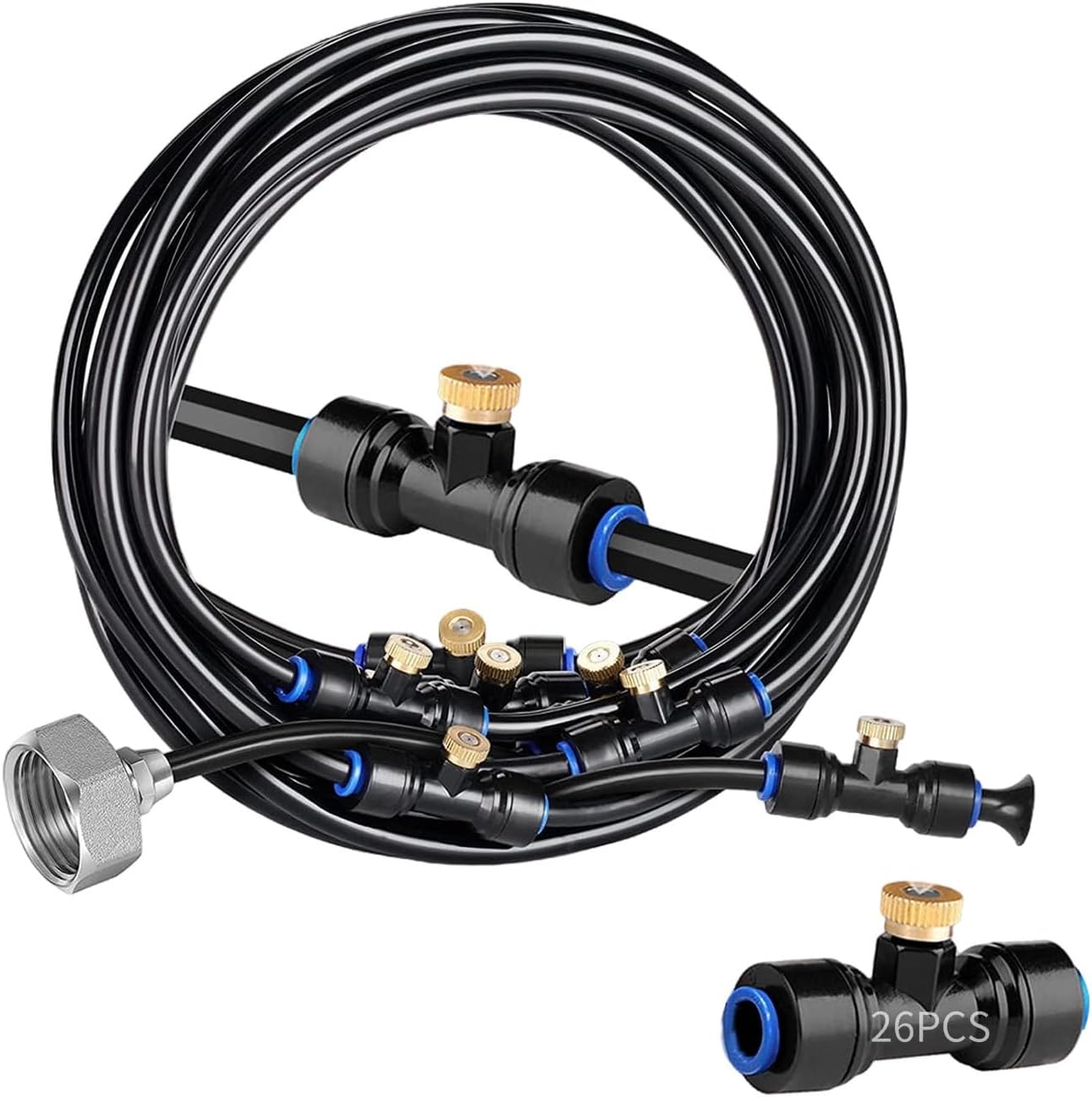 26 Nozzle Misting Kit, 59 Ft / 18 Meters Outdoor Cooling System, Brass Nozzles, Pe Tubing, Patio and Backyard