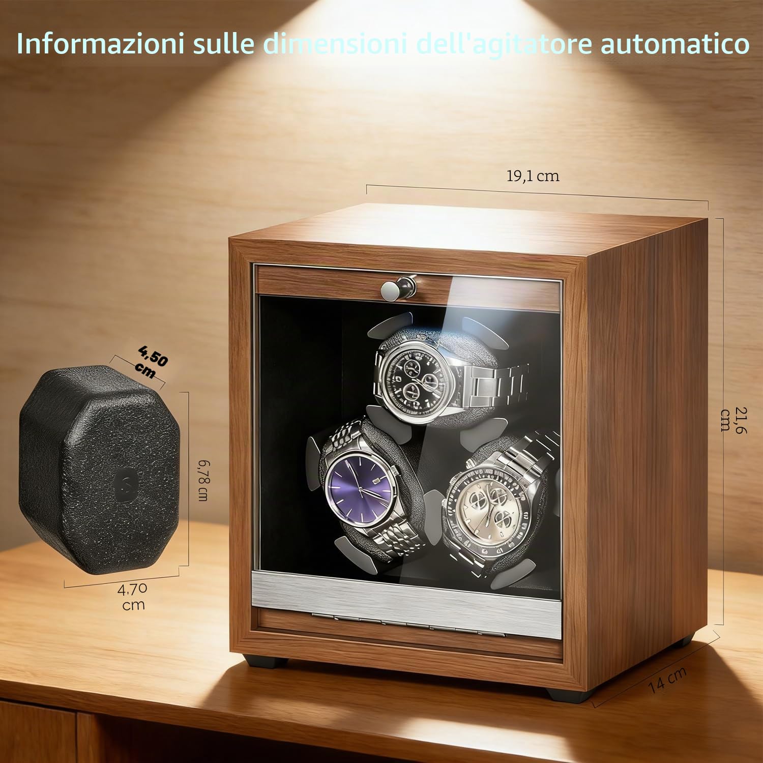 Carica Orologi Automatici Watch Winder, Scatola del Tempo per Orologi 3 Posti in Legno di Noce, Porta Orologio Automatico con 5 Modalità e Arresto Apertura