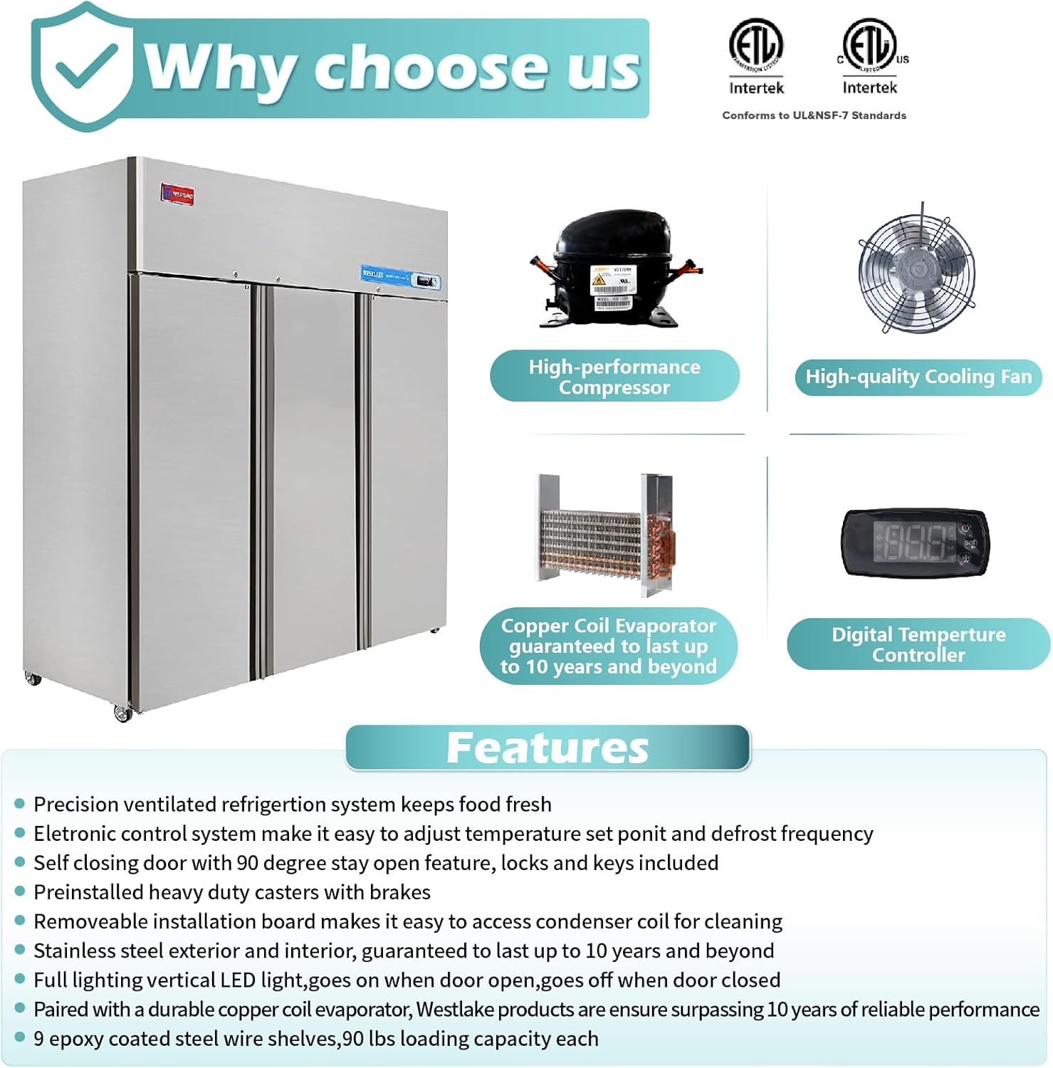 WESTLAKE 72" W Commercial Refrigerator 3 door 3 Section Stainless Steel Reach in Solid door Upright Fan Cooling 54 Cu.ft Cooler for Restuarant, Bar, Shop, etc