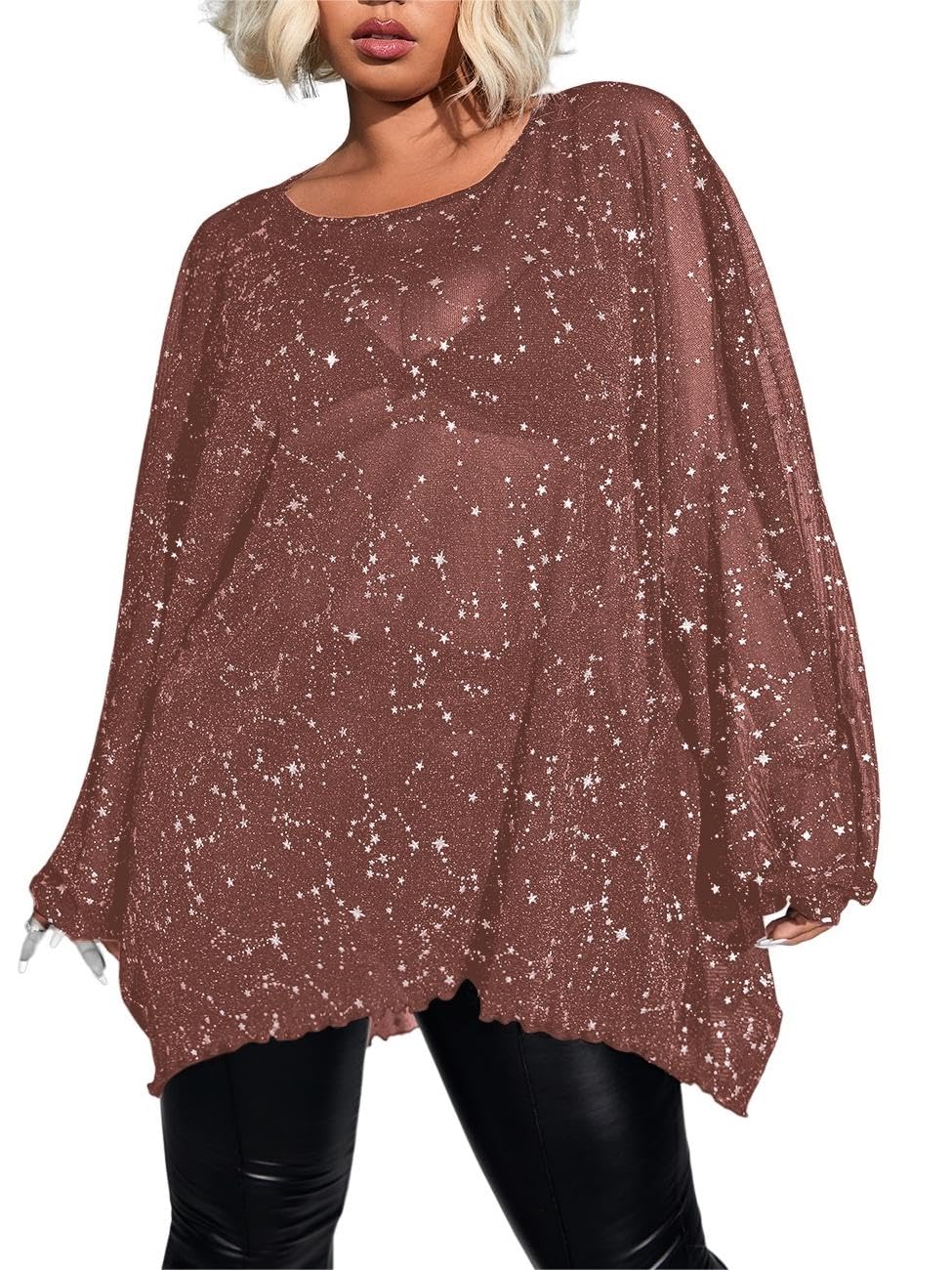 WDIRARA Women's Plus Size Star Print Mesh Glitter Round Neck Long Sleeve Oversized Sparkly Tee Top