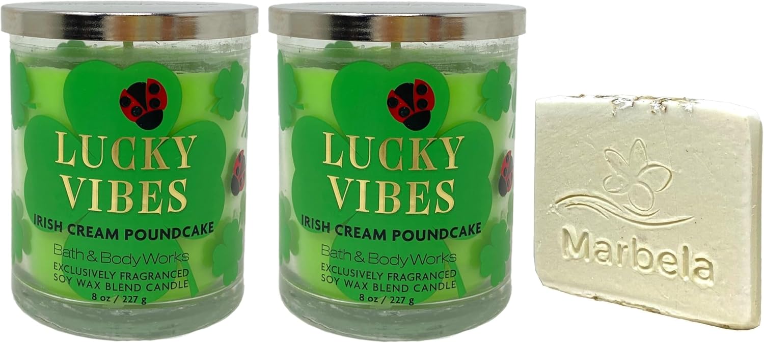 Bath & Body Works Lucky Vibes Irish Cream Poundcake 2 Pack Single Wick Candle Set with a Natural Oats Sample Soap