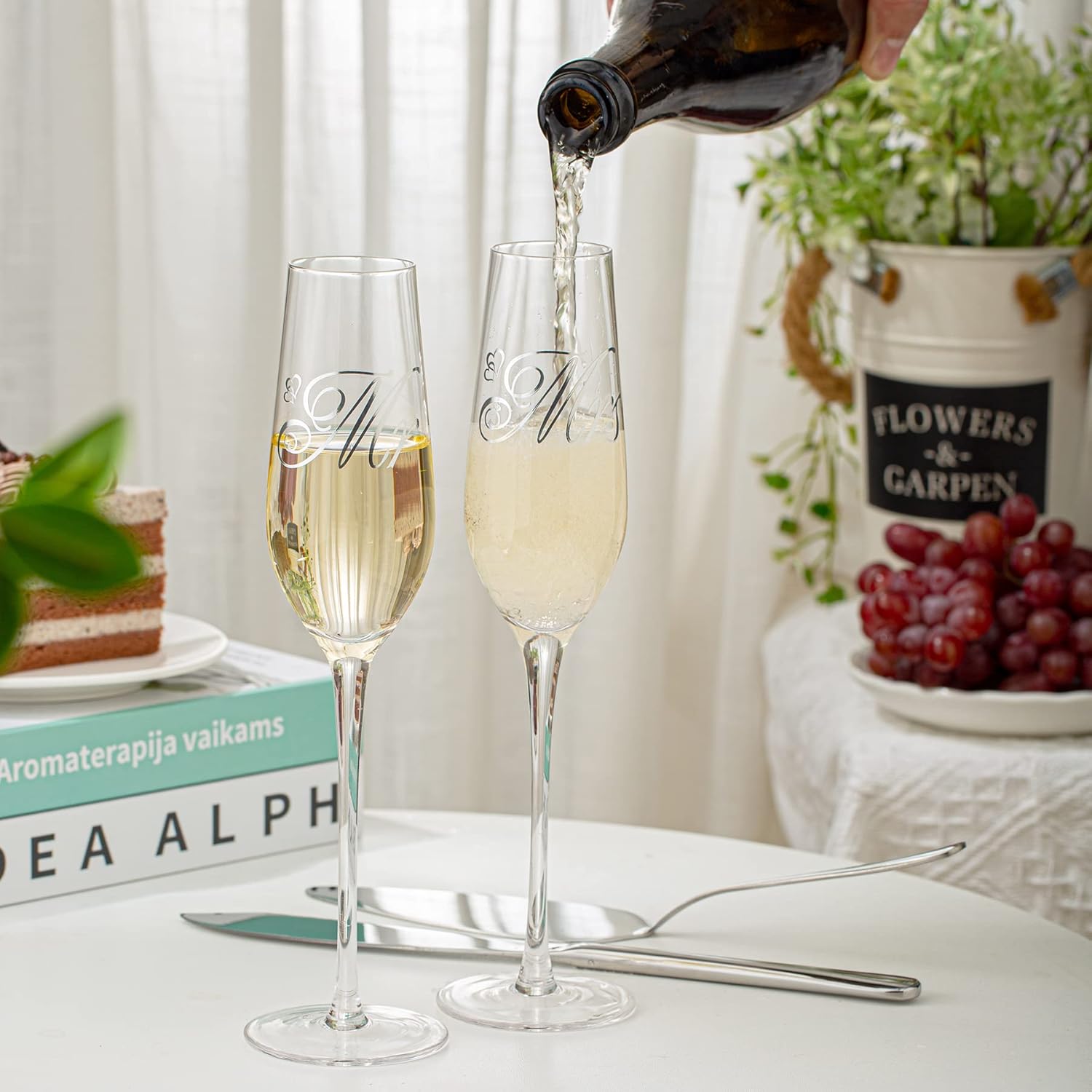 Wedding Cake Knife and Server Set, Cake Cuting Set for Wedding, Sliver Mr anf Mrs Champagne Fllutes for Bride Shower Engagement Gifts