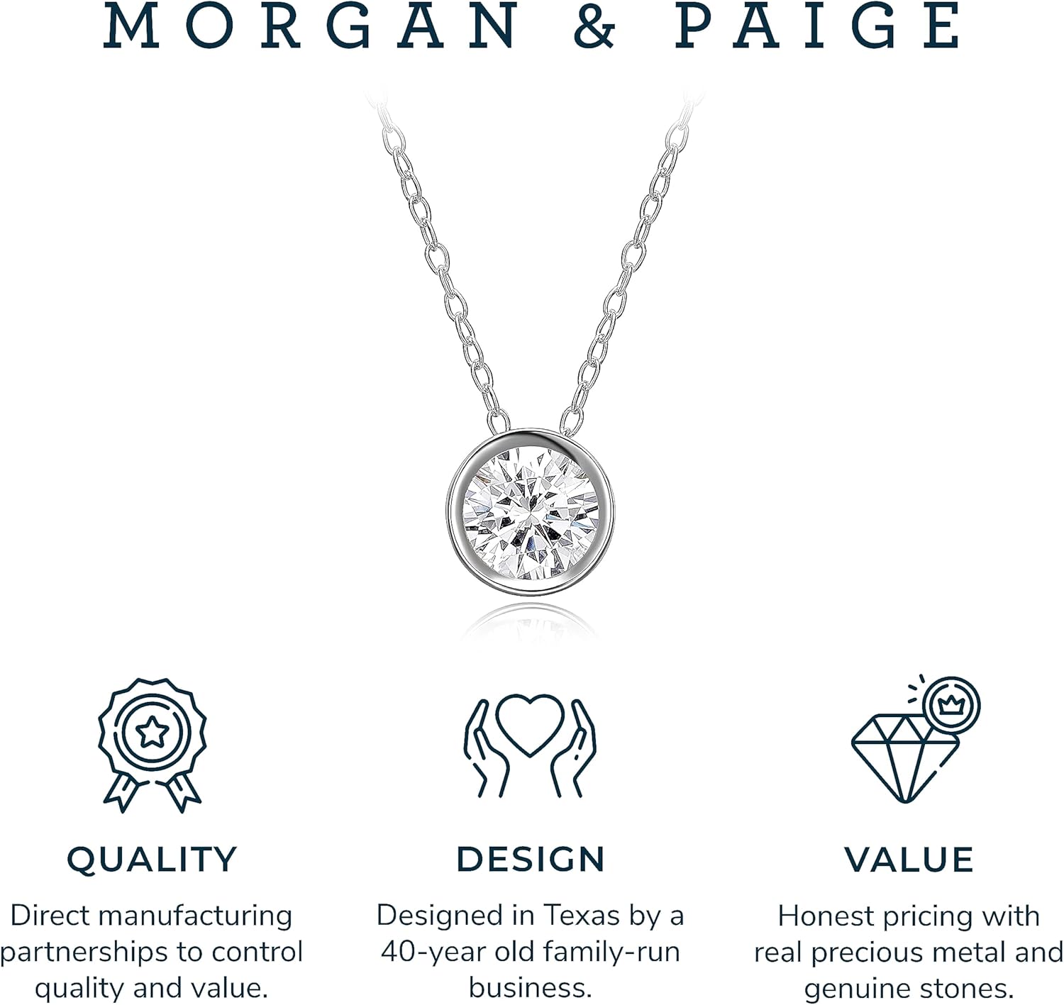 MORGAN & PAIGE .925 Sterling Silver Platinum Plated Solitaire 1/4" Round Cubic Zirconia Necklace - Elegant Crystal Bezel Set Dainty Sterling Silver Necklace for Women, Hypoallergenic 18in Cable Chain - Image 6