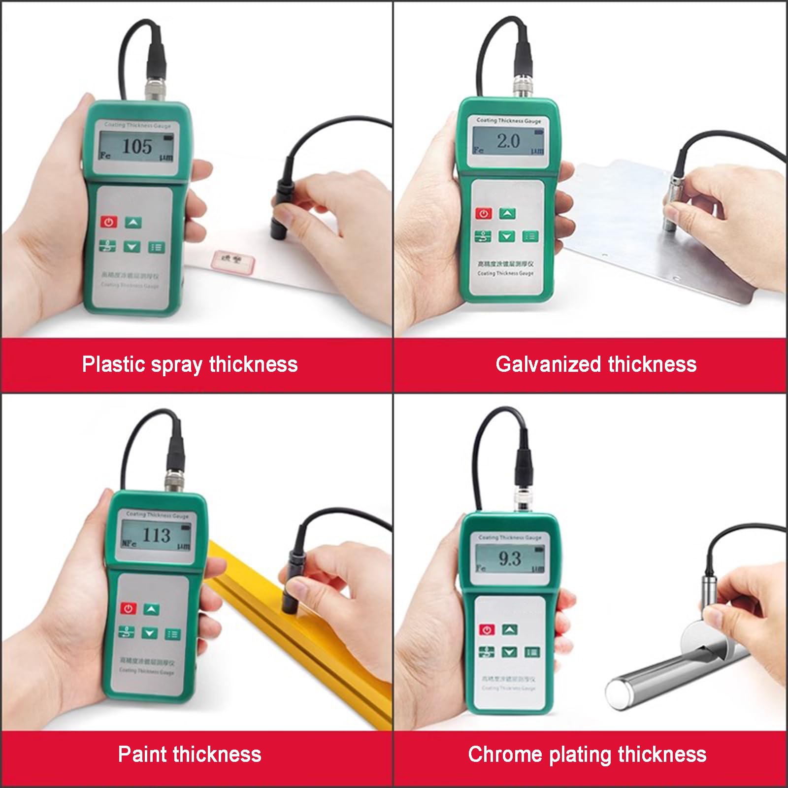 Medidor De Espesor De Revestimiento, Comprobador De Profundidad De Pintura, Rango De 0 a 1500 Um, con Sonda Fe/NFe, Pantalla LCD, Medición Simple/Continua