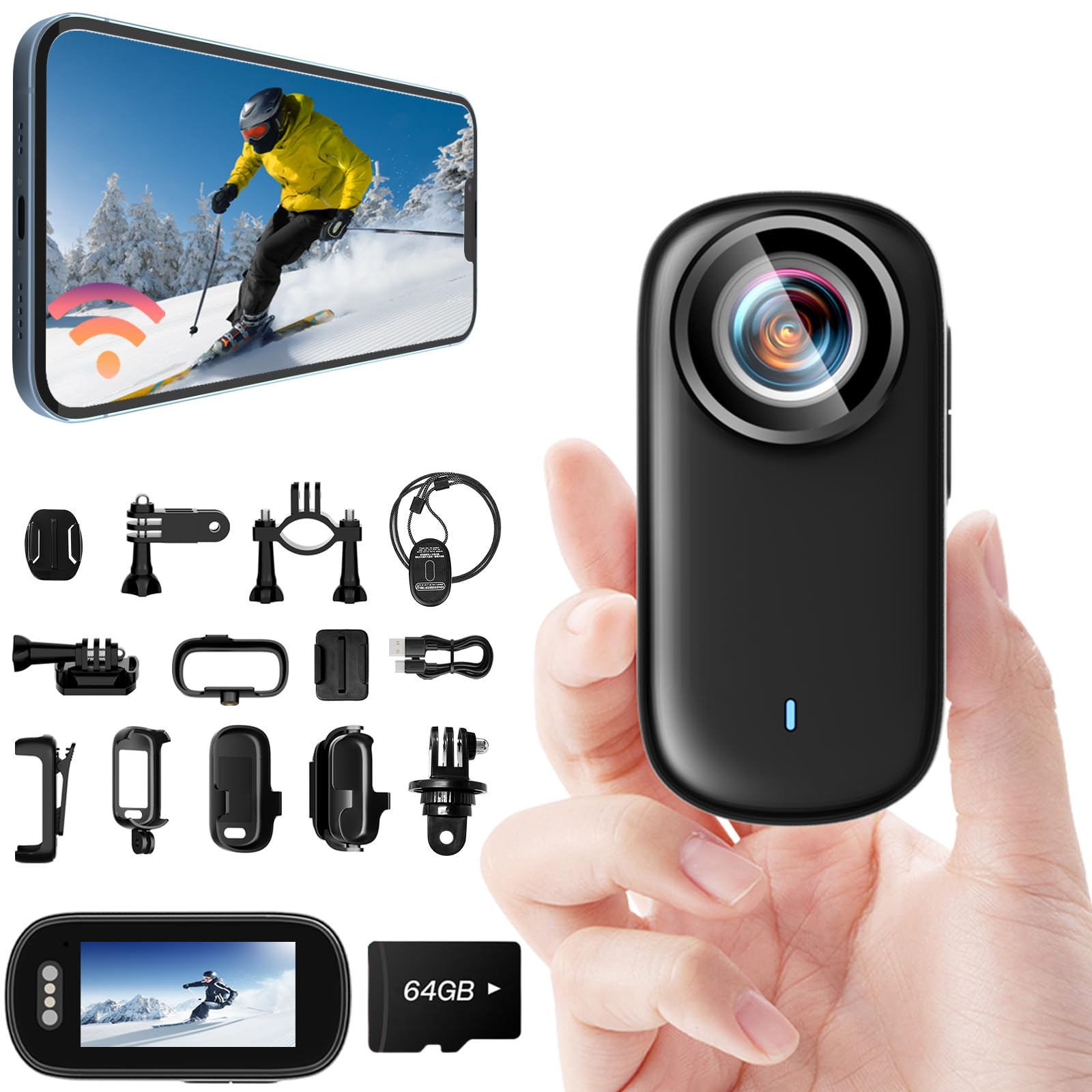 Action Cam 4K WiFi 150° IP65 Moto, con 64GB & Schermo | portatile, 3h batteria autonomia, anti-shock, Tascabile, supporti inclusi, mini
