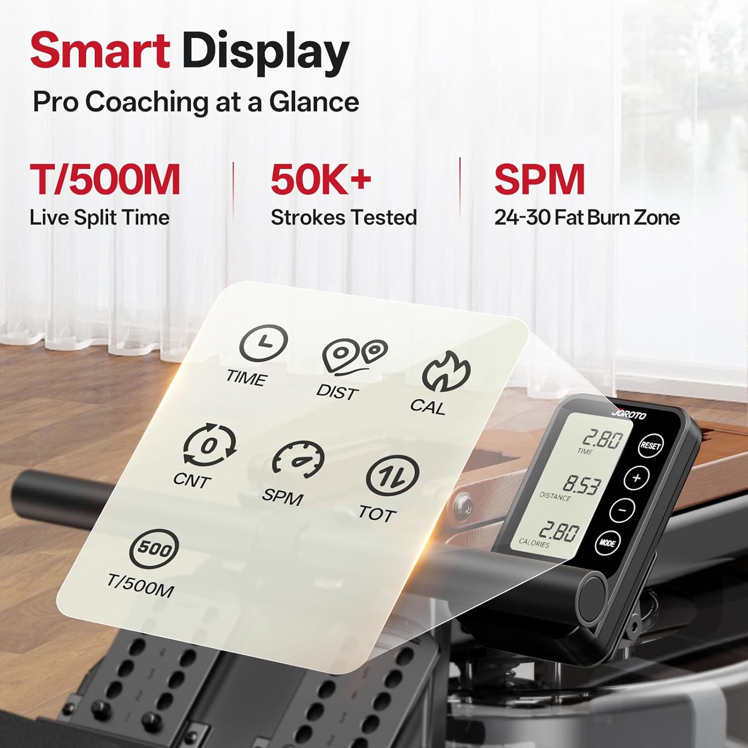 Diagram of the JOROTO MR290 Rower's 16L Premium XL Water Tank, illustrating water volume and resistance levels from 1 (196N) to 6 (410N).