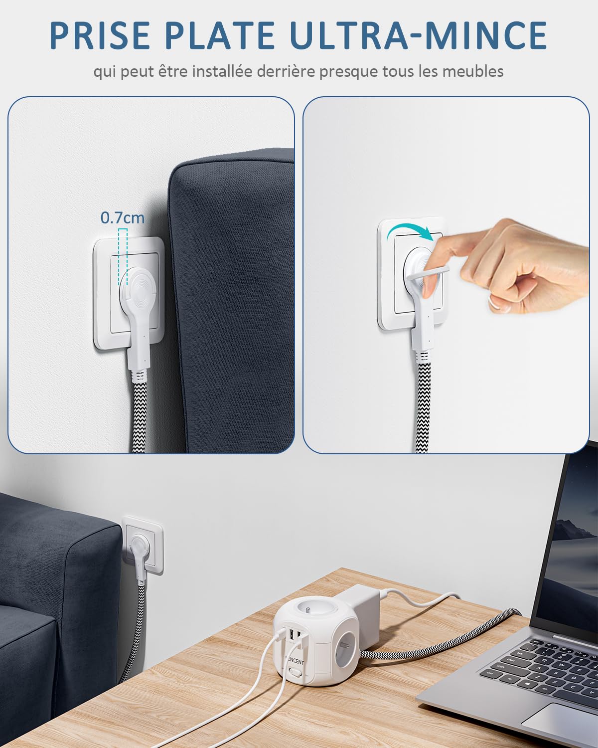 LENCENT Cube Rallonge Électrique Multiprise 2M, Fiche Plate | 4 Prises 3 USB-A,1 USB-C Câble Tressé 2m, Protection Contre Les Surtensions avec Interrupteur pour Cuisine, Bureau