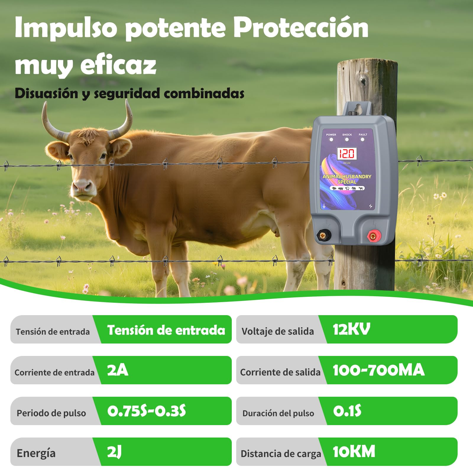 10KM Cerca Eléctrica para Animales, 12kV 2.0J Electrificador de Cerca Eléctrica de Alta Potencia para Protección de Ovejas, Caballos, Jardín, Pastos y Granja (Gris)
