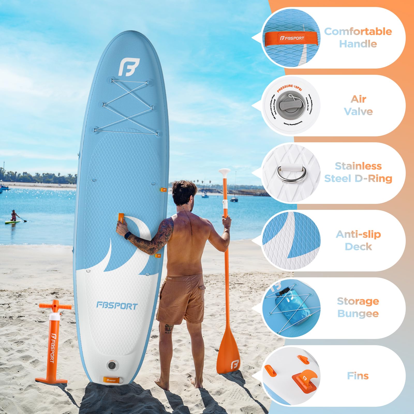 FBSPORT Tavola SUP Gonfiabile SUP 335CM per Adulti e Giovani, Stand Up Paddle Board Spessa 15 cm tavola da Surf tavola da SUP con Pagaia Regolabile, Zaino, Pompa & Pinna Rimovibile Surfboard