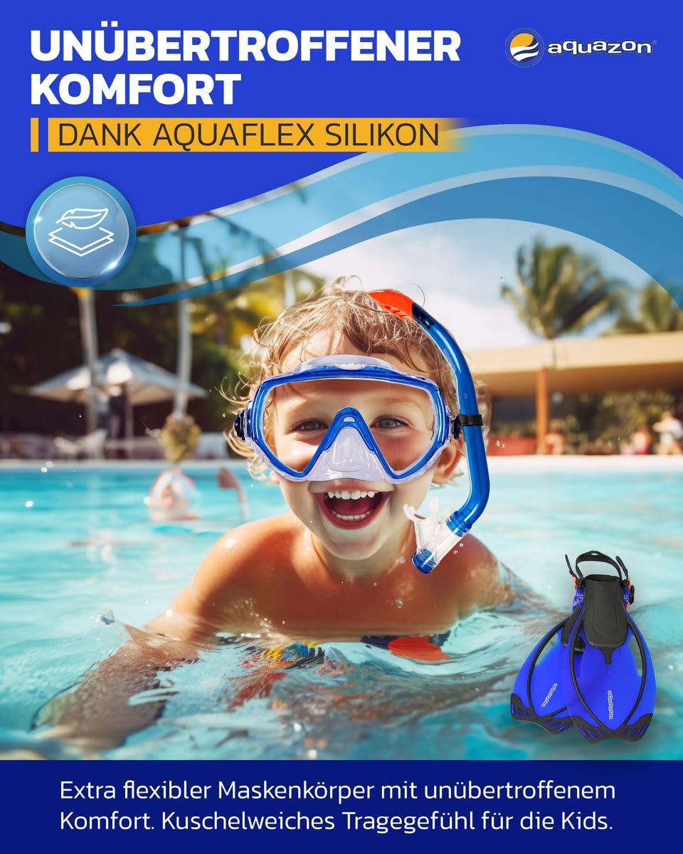 AQUAZON Miami Schnorchelset, Schwimmset, Tauchset, Taucherbrille mit Anti Fog Tempered Glas, Silkon, Semi Dry Schnorchel, verstellbare Flossen für Kinder