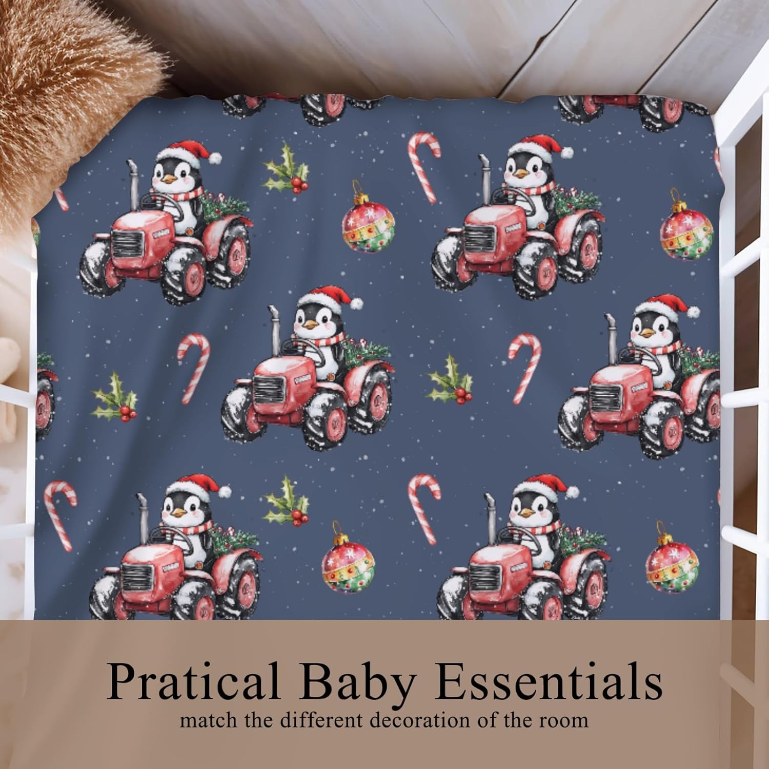 Cute Christmas Penguins Tractor Candy Fir Fitted Crib Sheet for Baby Girls Boys 52x28Inch Red Farm Vehicles Baby Sheet for Standard Crib and Toddler Winter Animals Mattress Winter One Size