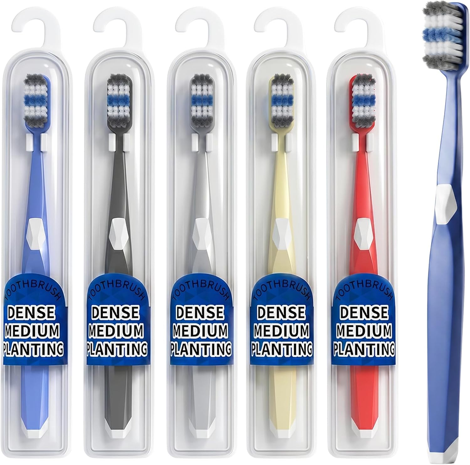 5 Pack Medium Toothbrushes for Adults – Wave-Shaped Dual Spiral Bristles for Deep Cleaning, Dense Bristle Manual Toothbrush with Travel Case, 5 Colors Family Pack