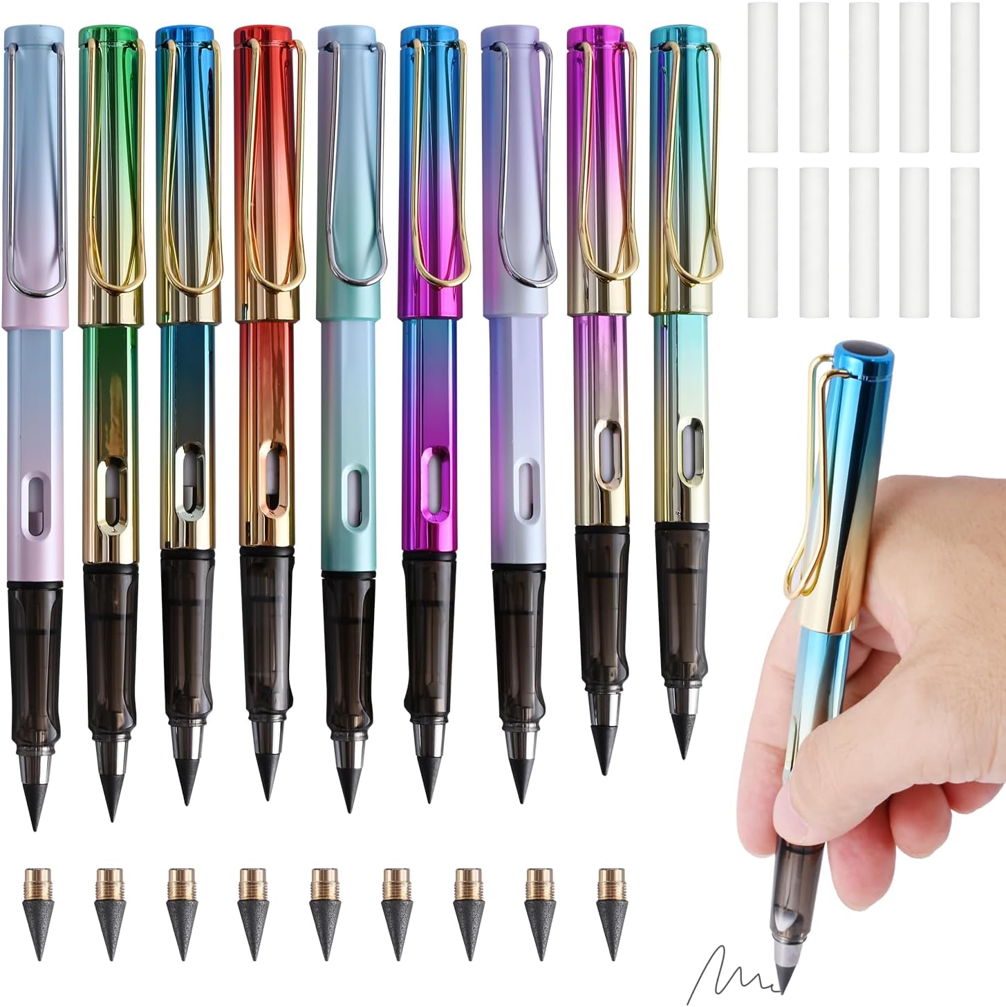 Lápiz Mecánico Infinito 9 Piezas con Borrador, Sin Tinta, Reutilizable, Multicolor