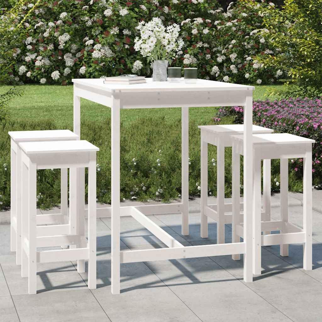 Ensemble de Bar de Jardin 5 Pièces en Bois de Pin Massif Blanc, Mange-Debout Extérieur avec 1 Table Haute 121cm et 4 Tabourets de Bar pour Terrasse et Balcon