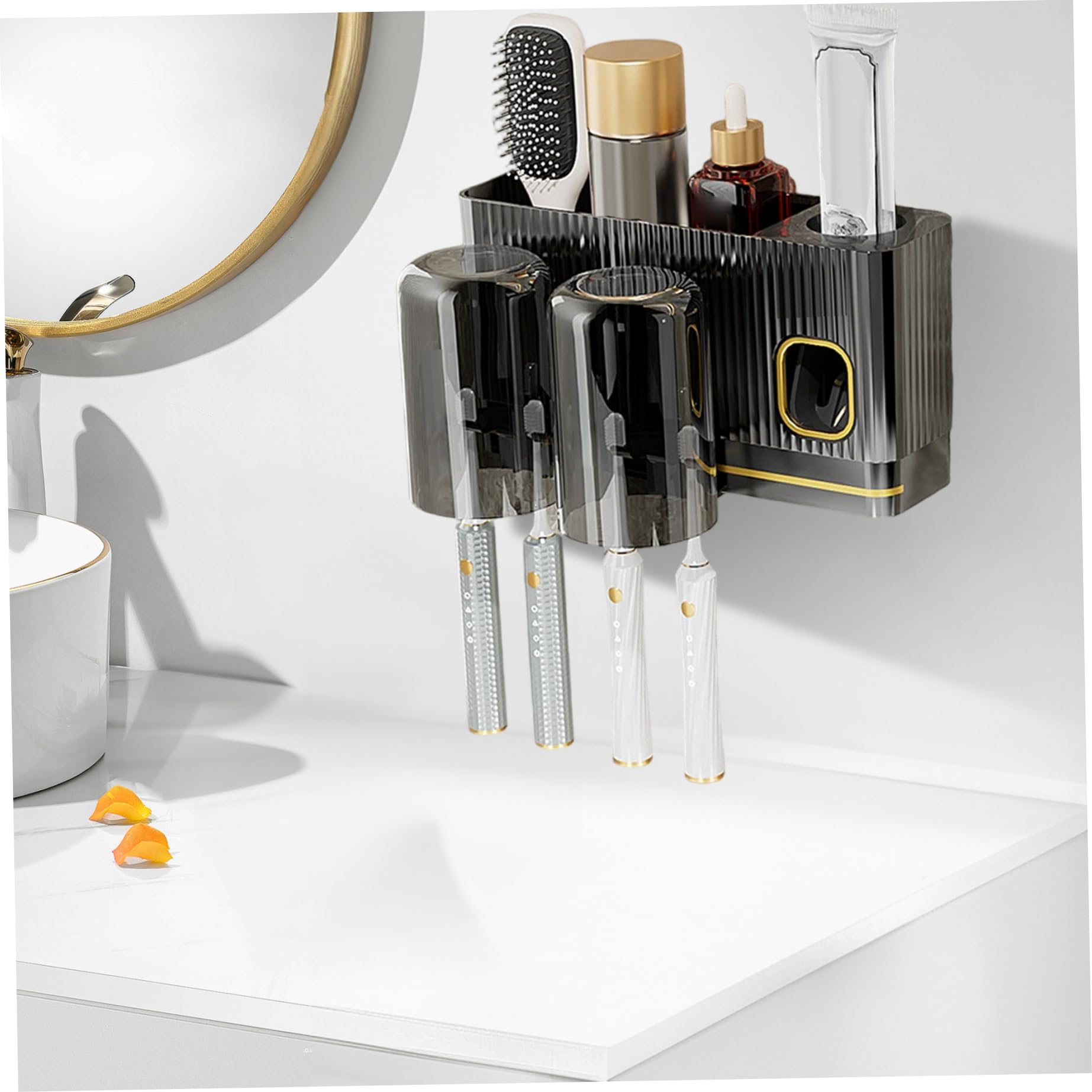 Support mural brosse à dents noir avec distributeur de dentifrice automatique et 2 tasses