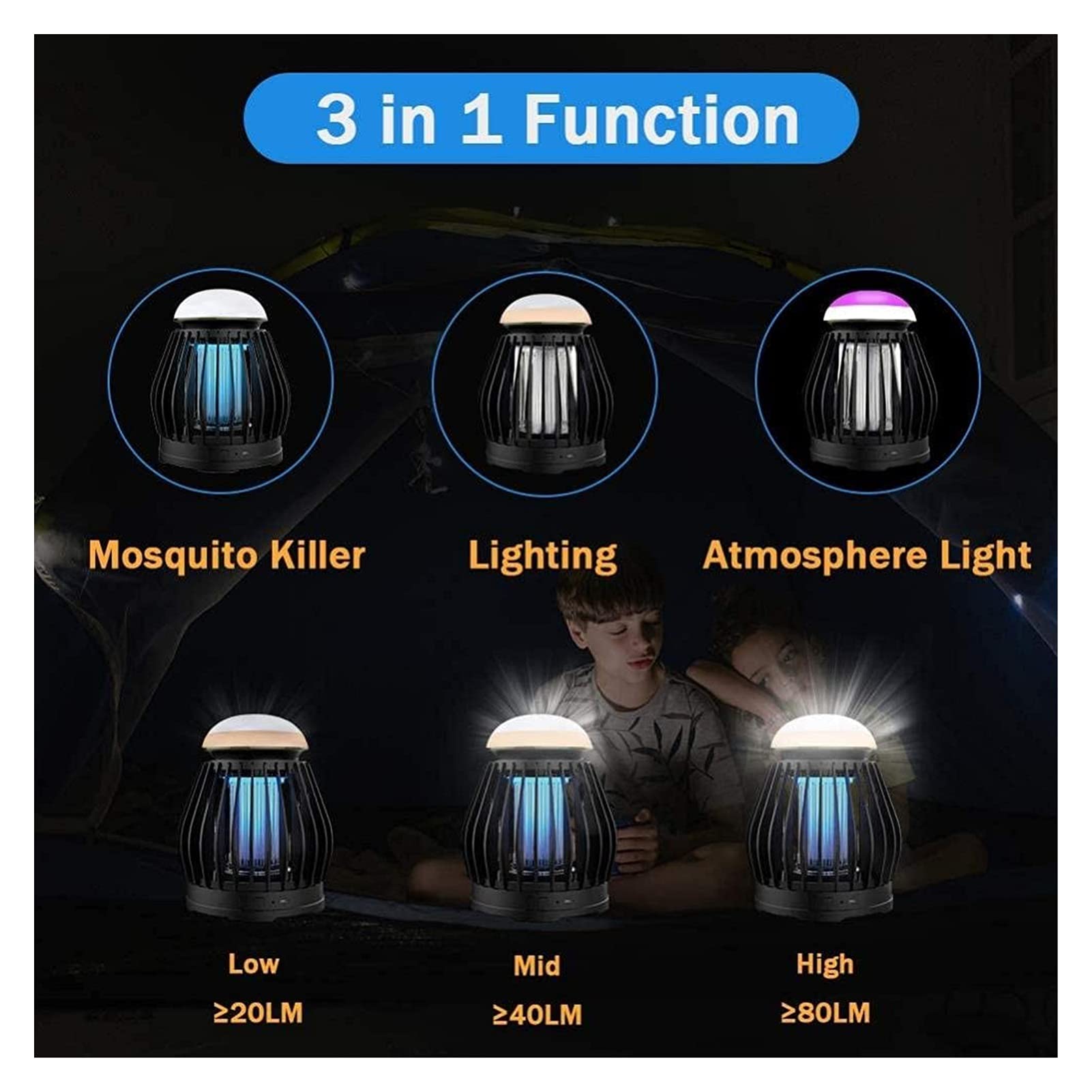 Lámpara antimosquitos Electricidad Trampa UV 3 Modos de iluminación Bug Zapper USB Recargable Mosquito Zapper para Interior Hogar Dormitorio Repelente de Insectos