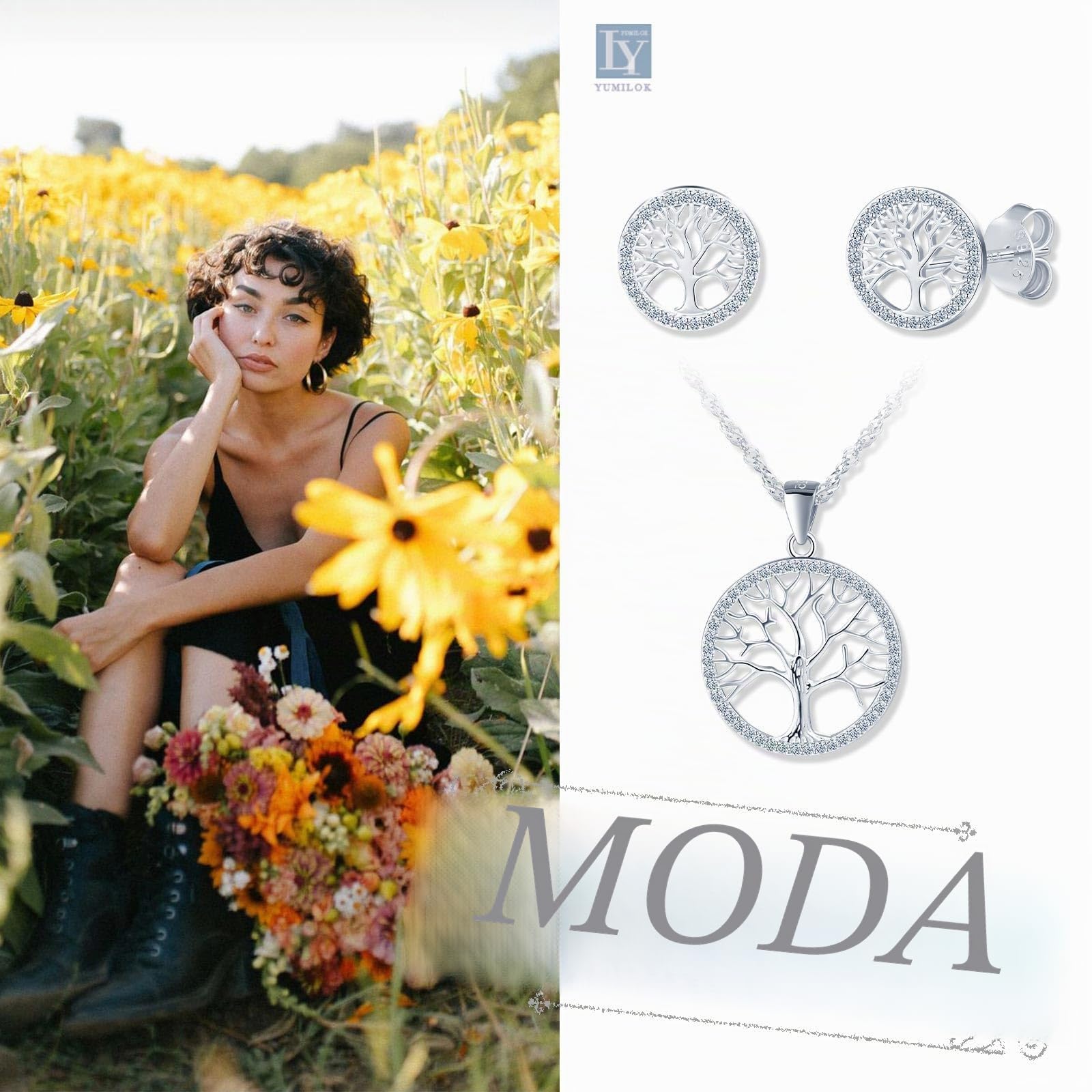 Yumilok Árbol de la vida collar Mujeres 925 plata esterlina Zirconia Árbol de la vida Stud Pendientes Piercing Huggie oído Conjunto de joyería