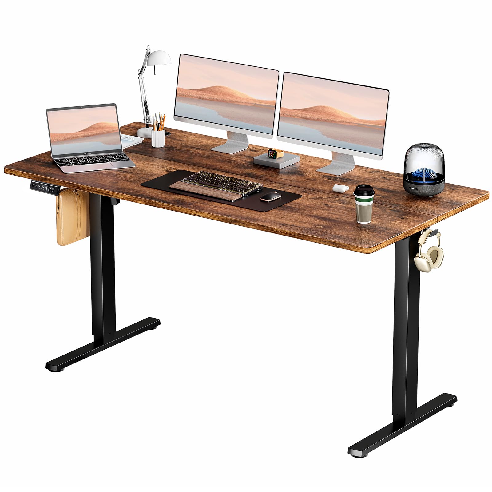 SMUG Electric Standing Desk, 63 x 24 Inch, Modern Style, Adjustable Height, 154 lbs Capacity, with Memory Presets, for Home Office, Rustic Brown